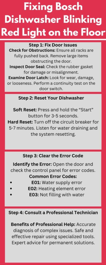 Infographic of fixing Bosch dishwasher blinking red light on the floor